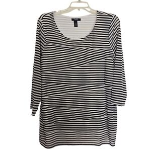 Alfani Black and White Striped Tiered Ruffle Three Quarter Sleeve Top
